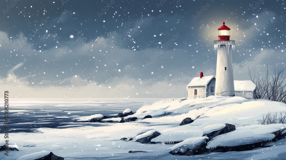 A lighthouse stands tall on a snow covered shore, adorned with icicles glistening in the cold A lighthouse stands tall on a snow covered shore, adorned with icicles glistening in the cold