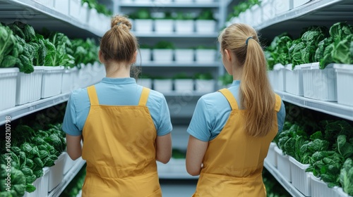 Two women cultivating healthy greens in a vertical farm setting for sustainable agriculture photo