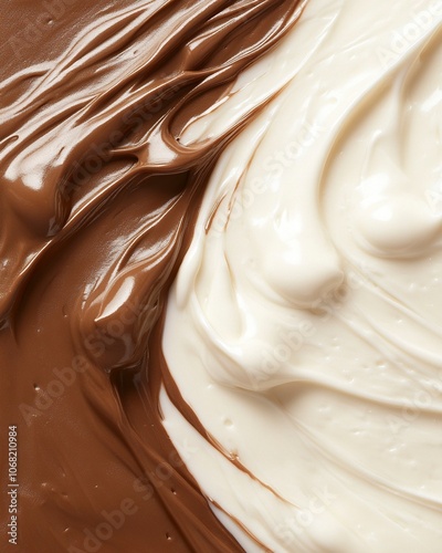 half white half cocoa cream spread swirl high quality up close shot; tone: gourmet; isolated on solid color background, generative ai