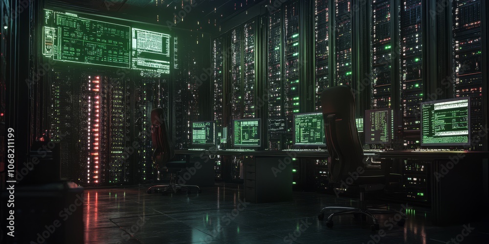 The server room is filled with signals and data traveling through the network. The server room is filled with signals and data traveling through the network.