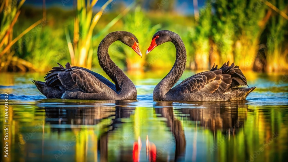Fototapeta premium Romantic Portrait of Two Black Swans Swimming in Serene Water, Capturing Love and Elegance in Natureâ€™s Embrace, Ideal for Nature Photography, Wildlife Lovers, and Home Decor
