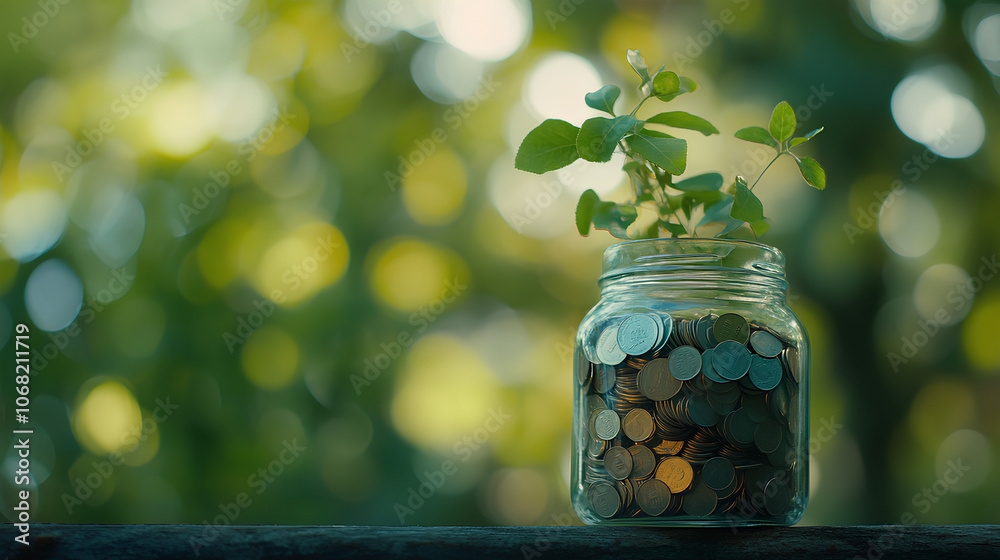 A glass jar overflowing with coins with a green plant sprouting from the top, placed on a wooden surface. Soft, blurred green background with text space A glass jar overflowing with coins with a green plant sprouting from the top, placed on a wooden surface. Soft, blurred green background with text space