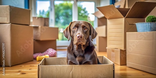 Fototapeta Naklejka Na Ścianę i Meble -  A Cute Chocolate Labrador Retriever in a Cardboard Box Capturing the Bittersweet Emotions of Moving Day and the Chaos of Pet Relocation Services