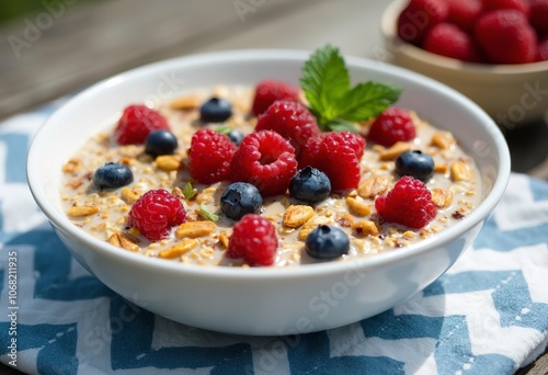 A bowl of granola or muesli with fresh berries, nuts, and mint leaves on a wooden board with a blue and white chevron patterned cloth