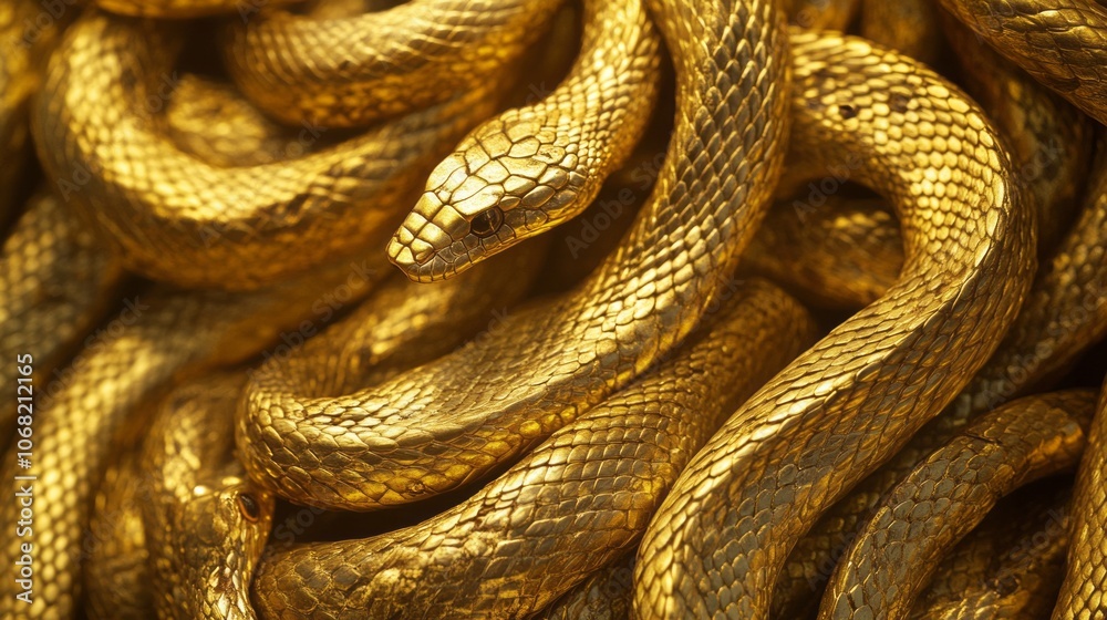 Fototapeta premium Abstract background with tangled golden snakes, shiny metallic scales texture, unique background for new 2025 year