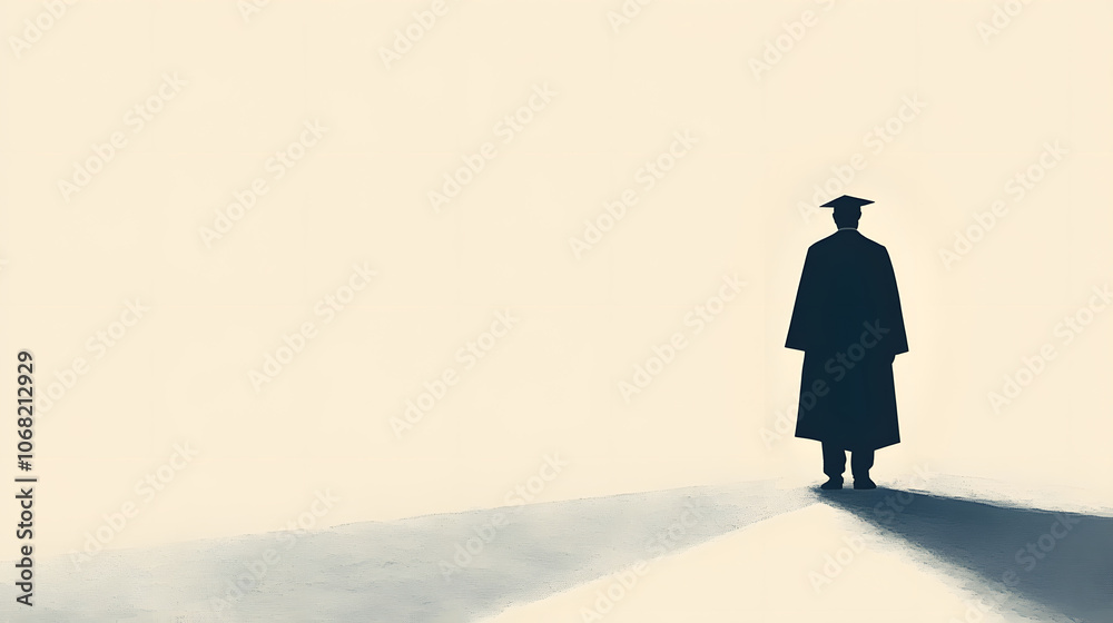 A solitary figure in a graduation cap stands against a minimalist backdrop, embodying achievement and contemplation. A solitary figure in a graduation cap stands against a minimalist backdrop, embodying achievement and contemplation.
