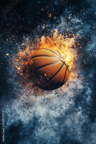 Basketball Exploding in Fiery Smoke and Dust