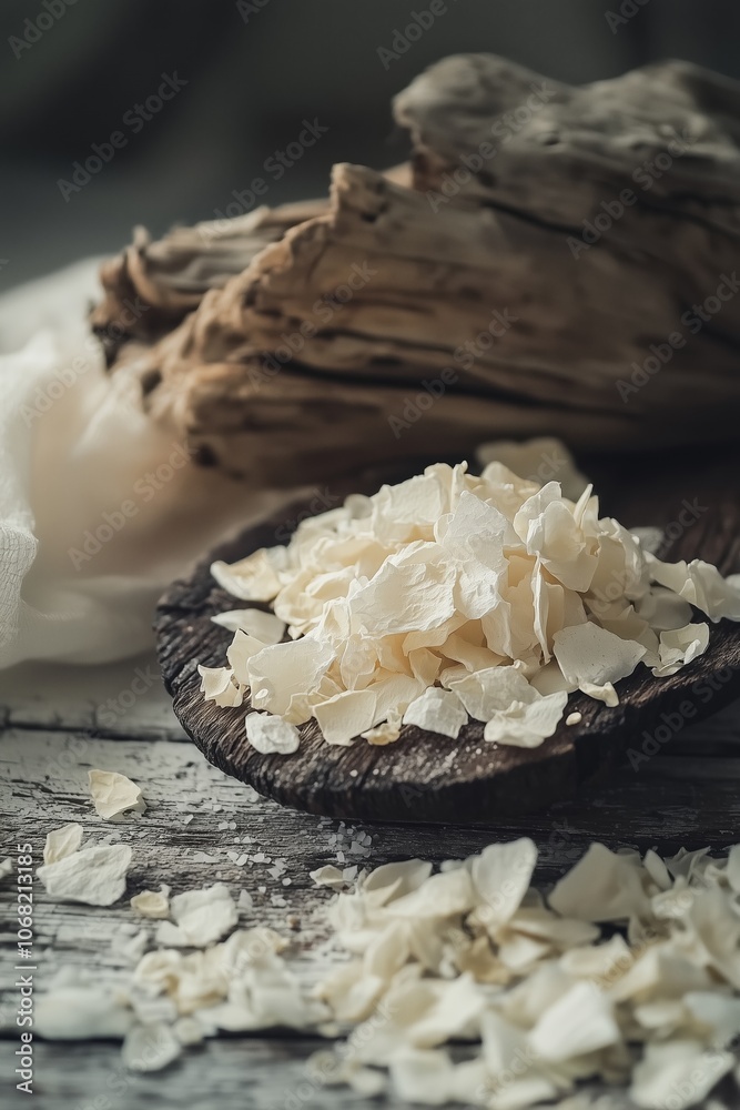 Dried Coconut Flakes on Wooden Plate Rustic Background Tropical Food Ingredient Dried Coconut Flakes on Wooden Plate Rustic Background Tropical Food Ingredient