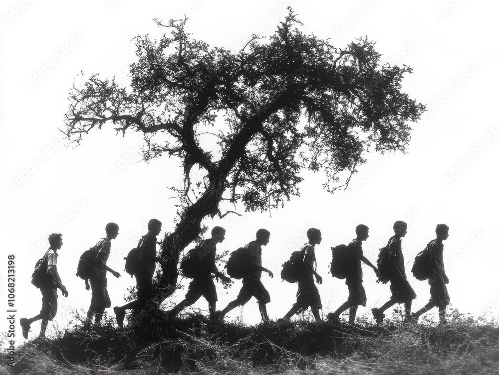 Silhouetted group of children walking under a tree on a hillside. Silhouetted group of children walking under a tree on a hillside.