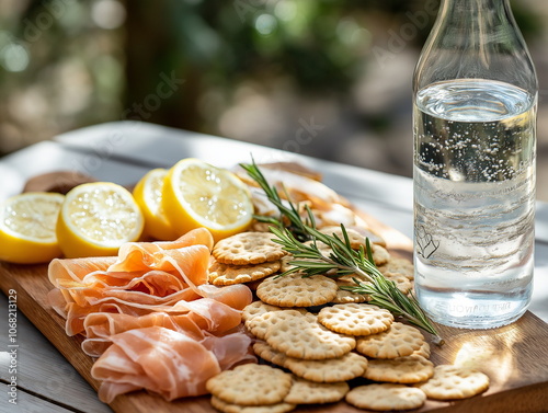 Gourmet Snack Platter with Sparkling Water on Rustic Wooden Surface