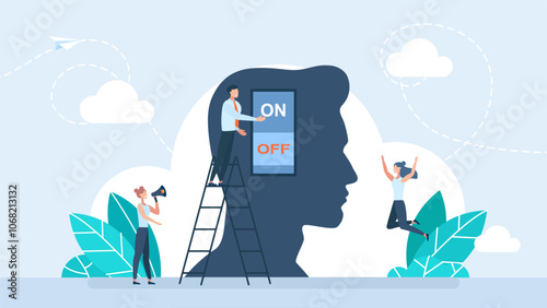 Brain power switch, turned on works fine, awake. Turn on brain to think, creativity and thought. Smart thinking  and mindset. Wisdom, knowledge concept. Mentorship. Vector illustration  