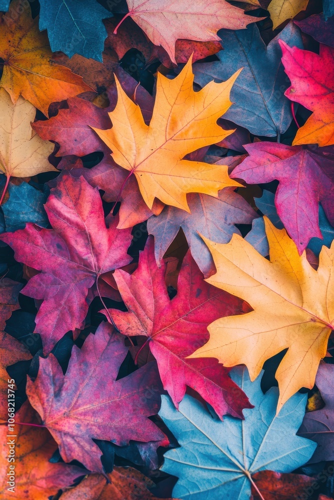 Obraz premium Colorful Autumn Maple Leaves in Shades of Red, Yellow, and Blue