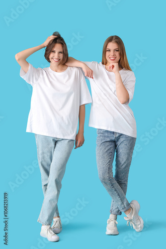 Female friends on blue back...