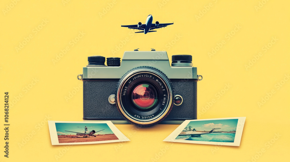 Fototapeta premium The camera and photos, as well as the airplane model, are placed on the table with a yellow background