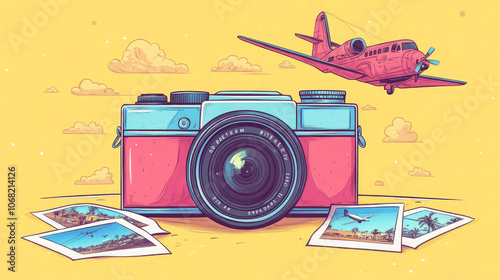 The camera and photos, as well as the airplane model, are placed on the table with a yellow background photo