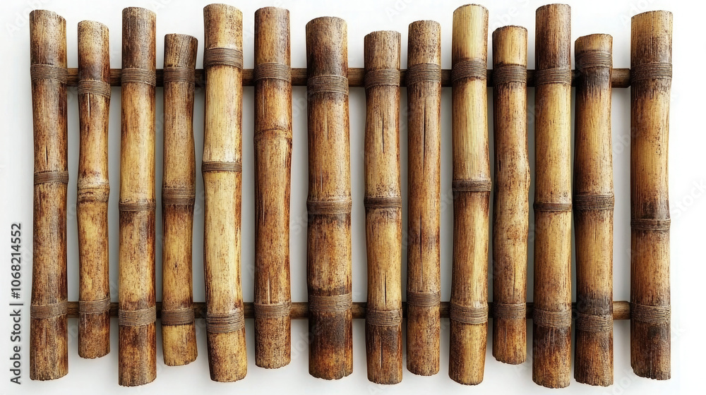 Close-up of bamboo stalks arranged vertically with textured overlapping lines in shades of green and brown. Close-up of bamboo stalks arranged vertically with textured overlapping lines in shades of green and brown.