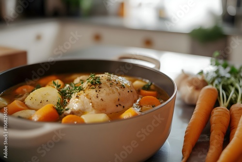 Close-up of a modern pot with 'poule au pot'—a whole chicken, carrots, turnips, and celery in broth—on a minimalist table with scattered veggies. A stylish kitchen adds cozy warmth photo