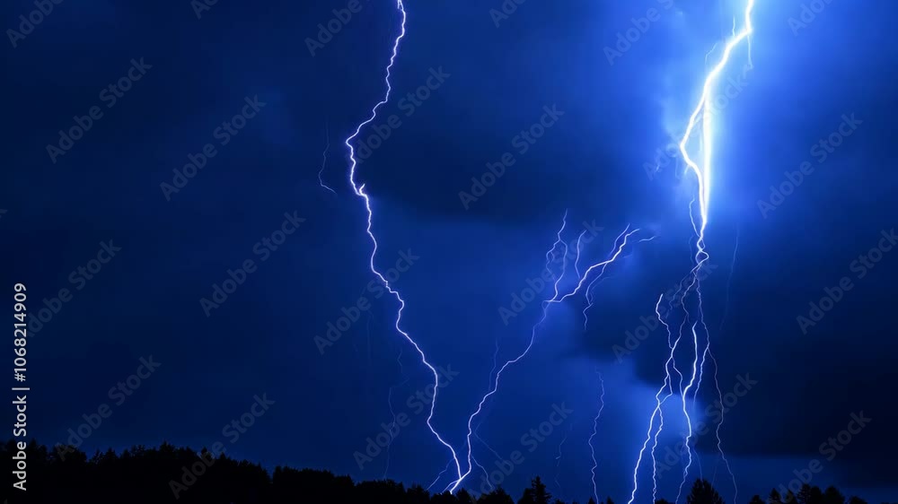 Intense lightning strikes illuminate the night sky