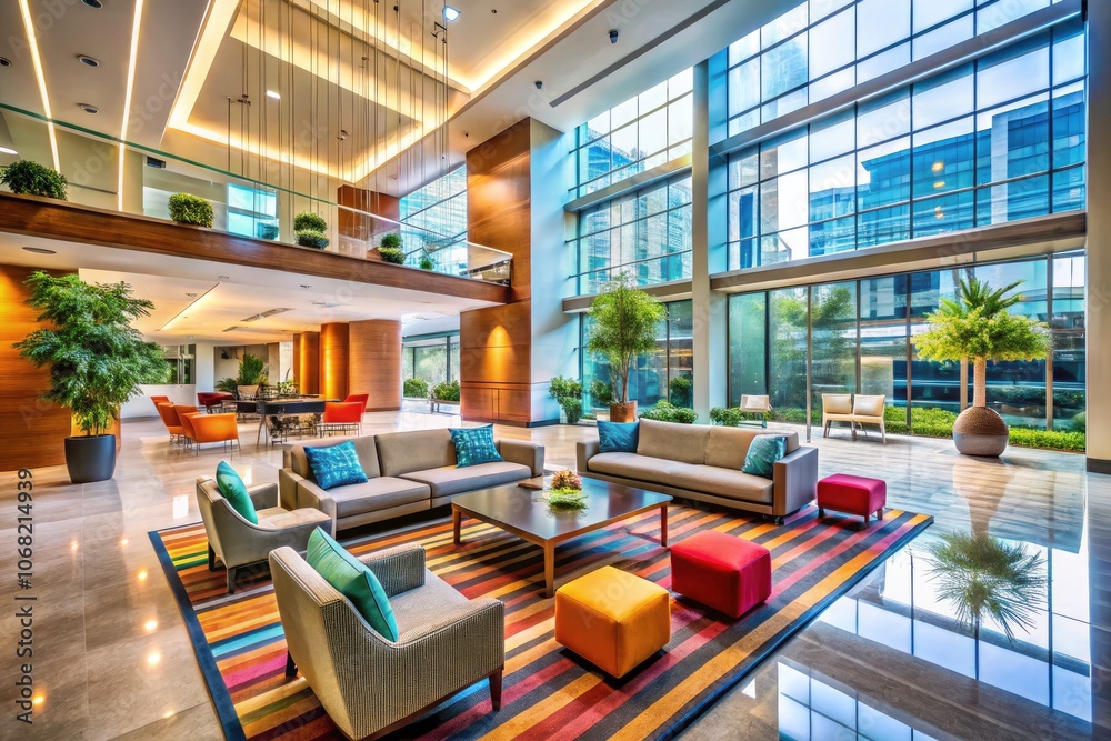 Spacious Lobby of a Modern Business Center with Elegant Design, Natural Light, Contemporary Furniture, and Professional Ambiance for Corporate Meetings and Networking Events Spacious Lobby of a Modern Business Center with Elegant Design, Natural Light, Contemporary Furniture, and Professional Ambiance for Corporate Meetings and Networking Events