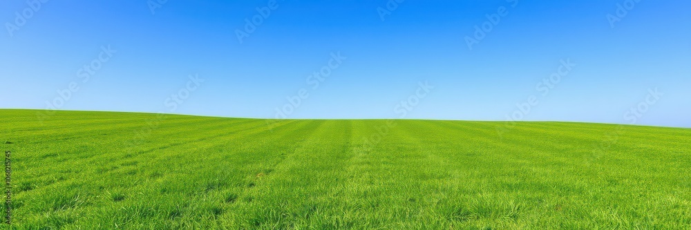 Lush green grass covering a pristine golf field under clear blue skies, well-maintained, outdoor Lush green grass covering a pristine golf field under clear blue skies, well-maintained, outdoor