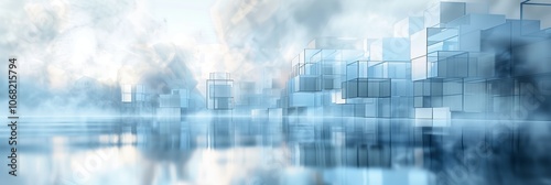 A background of light blue squares, blurred in the center and with clouds in the background. The overall color scheme is light blue and white.