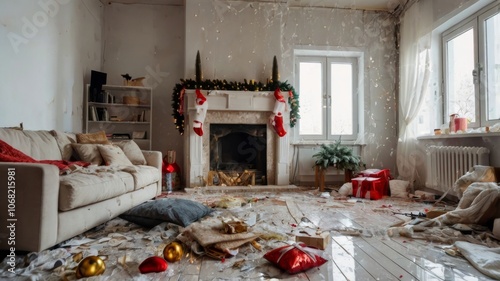 Messy living room after christmas party celebrating winter holidays