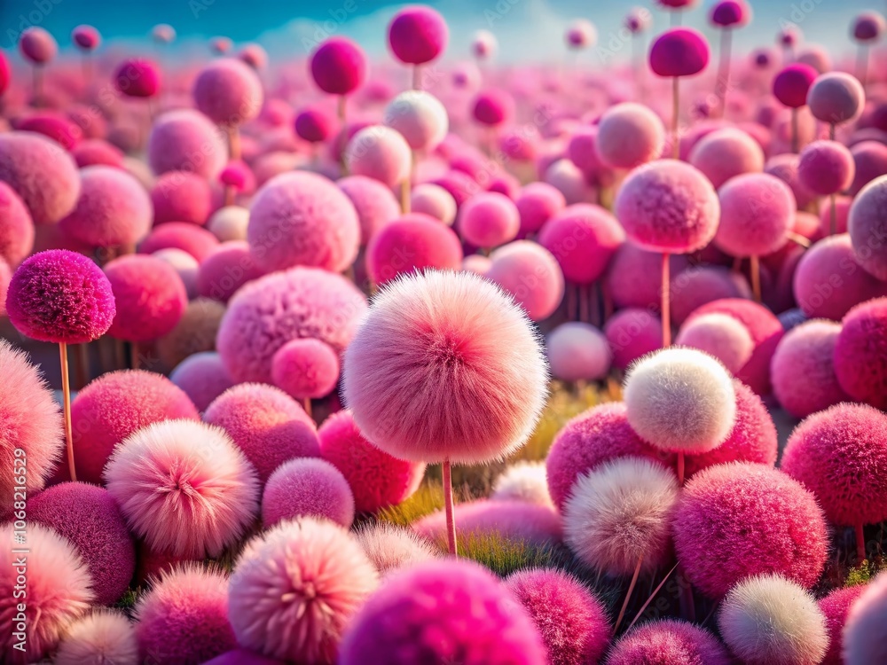 A Dreamy Landscape of Pink Fluffy Spheres in a Vivid Field, Perfect for Fashion Photography and Creative Projects, Evoking Whimsy and Imagination in a Colorful Setting A Dreamy Landscape of Pink Fluffy Spheres in a Vivid Field, Perfect for Fashion Photography and Creative Projects, Evoking Whimsy and Imagination in a Colorful Setting
