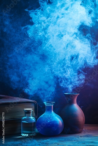 Mystical Potion Bottles with Blue Smoke and Ancient Book on Wooden Table photo