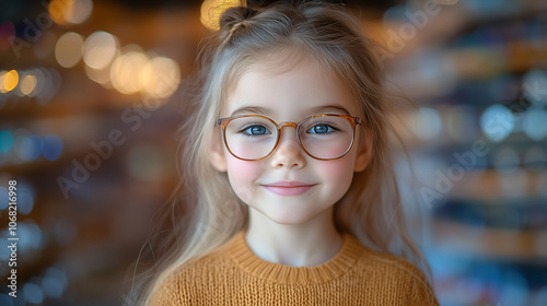 Smiling girl trying on glasses at an optician's with a cheerful expression