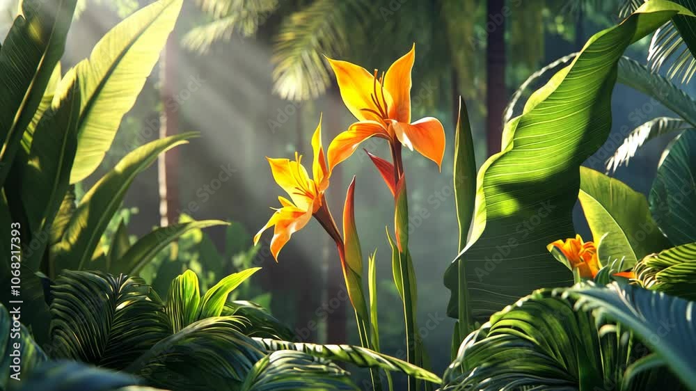 Two yellow flowers bloom in a lush tropical jungle, bathed in the warm light of the morning sun