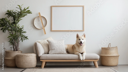charming Siberian Husky relaxing on stylish sofa in modern living room, surrounded by decorative plants and woven baskets, creating cozy atmosphere