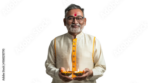 Indian Man Holding Diyas, Transparent Diwali Festival Scene. photo