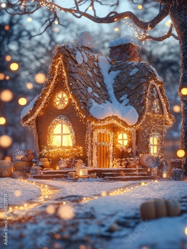 Cozy gingerbread house with soft bokeh lights in the background