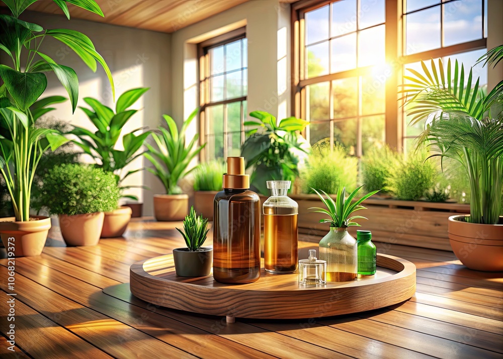 Tranquil Essential Oil Haven with Wooden Floor and Lush Greenery Tranquil Essential Oil Haven with Wooden Floor and Lush Greenery