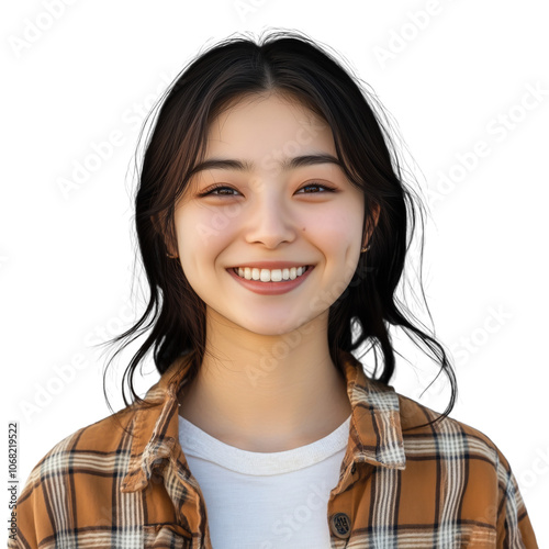 Japanese Woman Smiling Broadly, Transparent Background Happy Expression.