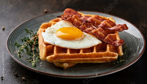 Savory waffles with fried egg and bacon