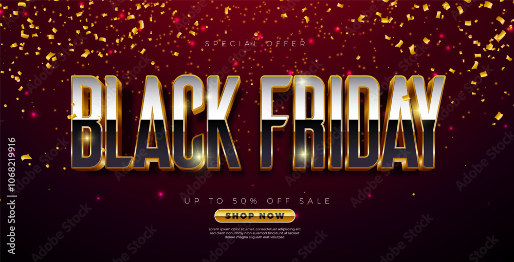 Black Friday Sale Banner with 3d Golden Typography Lettering and Falling Confetti on Dark Background. Vector Black Friday Shopping Holiday Season Design for Discount Offer, Promotion Flyer Black Friday Sale Banner with 3d Golden Typography Lettering and Falling Confetti on Dark Background. Vector Black Friday Shopping Holiday Season Design for Discount Offer, Promotion Flyer