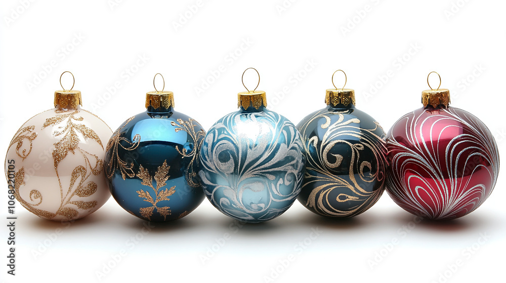 Festive Christmas Ornaments Lined Up on White creating cheerful holiday atmosphere Festive Christmas Ornaments Lined Up on White creating cheerful holiday atmosphere