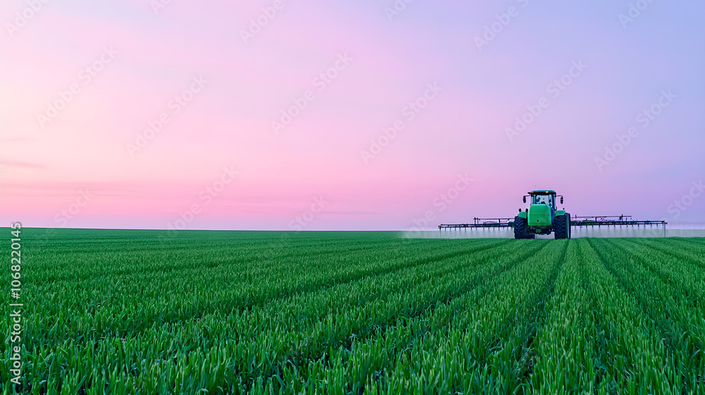 Wide Field Sprayer at Dusk in Agricultural Landscape Wide Field Sprayer at Dusk in Agricultural Landscape