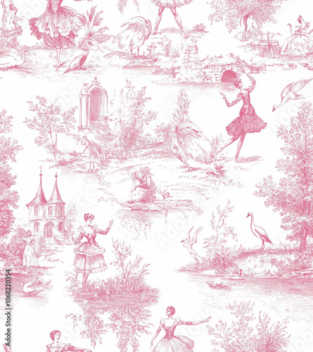 Pink and white toile de Jouy wallpaper with ballerinas, swans, and garden scenes,