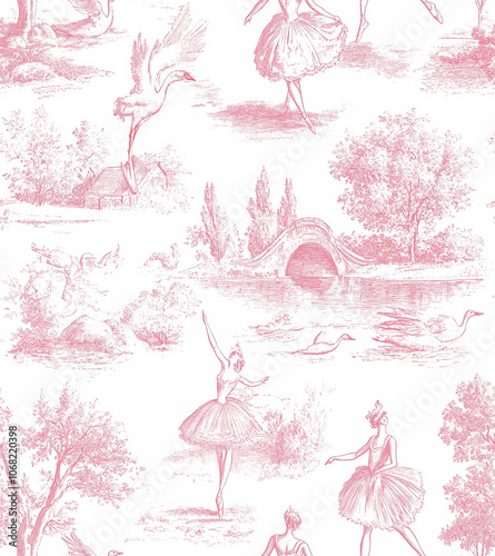 Pink and white toile de Jouy wallpaper with ballerinas, swans, and garden scenes,