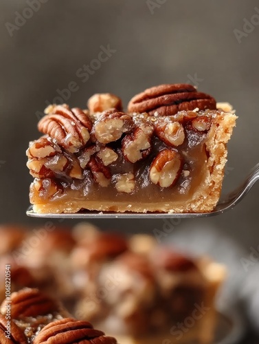 Delicious Pecan Pie Slice on a Silver Serving Plate - A close-up shot of a slice of pecan pie being lifted from a pie plate with a silver serving knife. The pie is filled with a gooey pecan mixture a photo