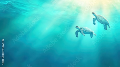 Two sea turtles gracefully swim through sunlit turquoise waters, AI