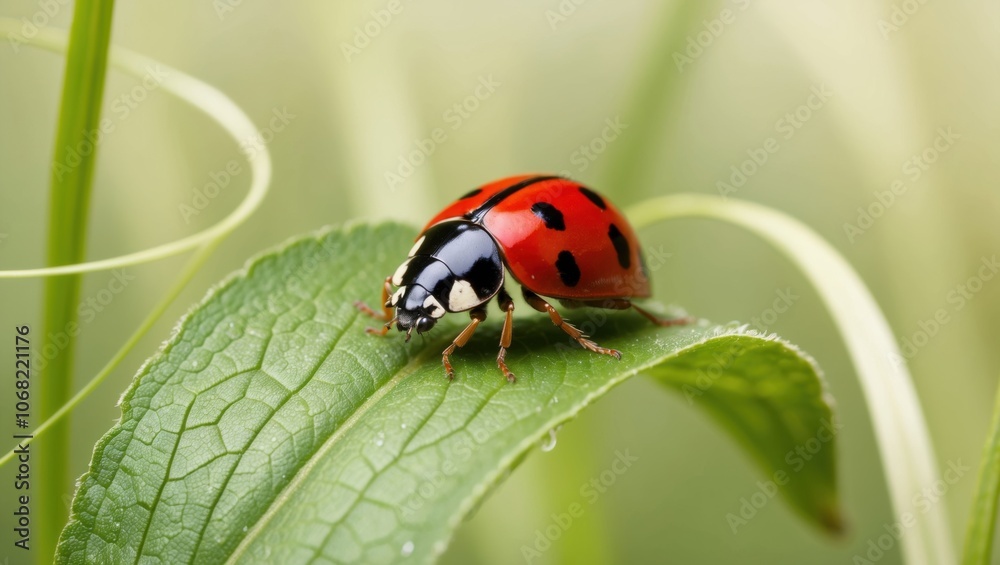Fototapeta premium Macro shot of a colorful ladybug on a leaf, soft grassy background fading away.
