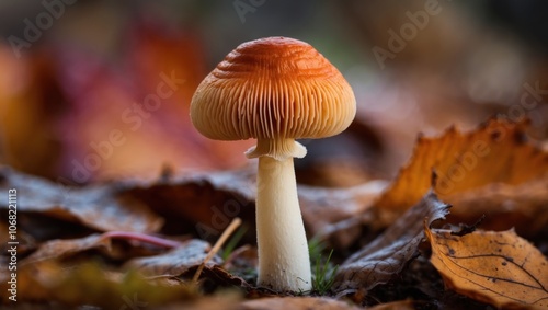 Close-up of a tiny mushroom in focus, with fallen leaves in the background.