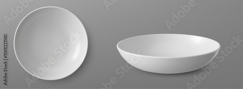 3d white empty plate for soup. Ceramic bowl vector. Realistic round porcelain salad serving tableware mockup for restaurant. Clean crockery isolated on transparent background. Deep glass dinnerware