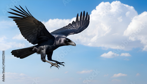 American crow (corvus brachyrhynchos) is flying on amazing sky background. Suitable for marketing or business purposes. Panoramic banner with place for tex photo