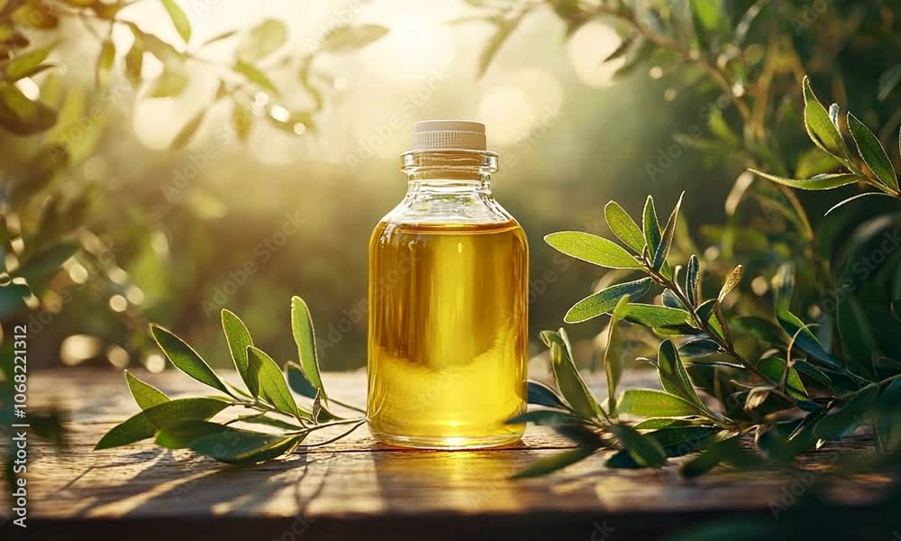 Glass Bottle of Olive Oil on a Wooden Table Surrounded by Olive Branches Glass Bottle of Olive Oil on a Wooden Table Surrounded by Olive Branches