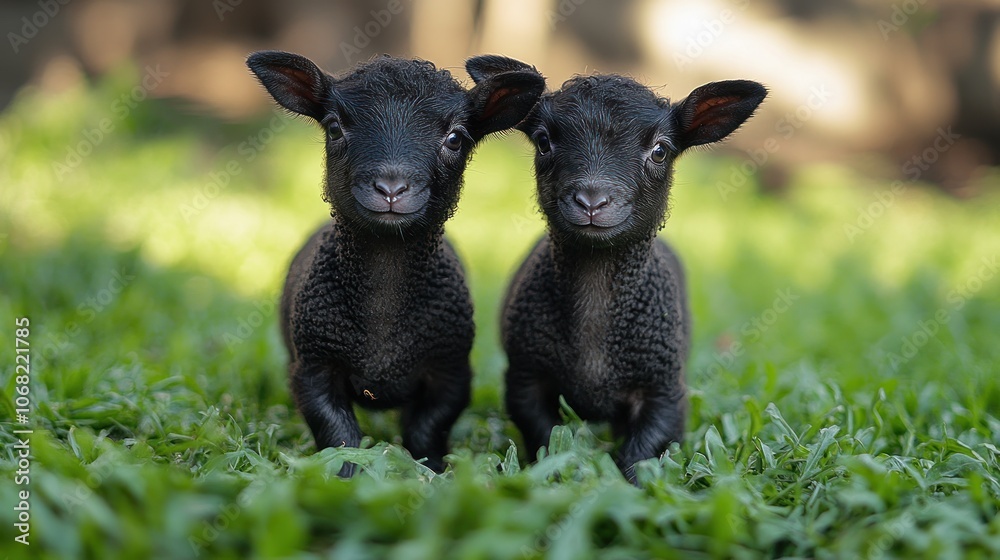 Two adorable black lambs stand in a field of green grass, looking at the camera with curious expressions. Two adorable black lambs stand in a field of green grass, looking at the camera with curious expressions.