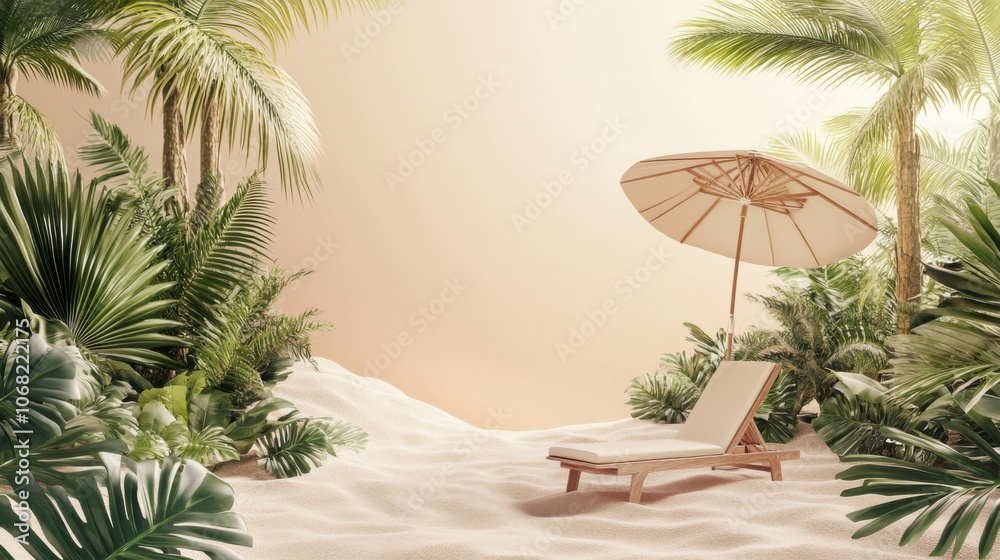 3D summer theme background banner with sun lounger umbrella on sand surrounded by palm trees perfect for vacation ads